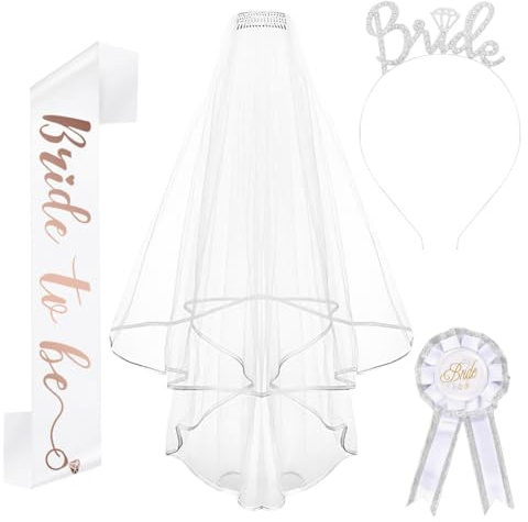 JGA accessoarer kvinnor, 4 stycken bride to be dekoration, svensexa kvinnor set skärp, slöja, märke, pannband, JGA tillbehör fotorekvisita för bröllop möhippor