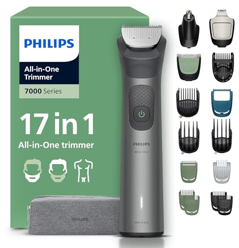 Philips Multigroom série 7000 Tondeuse tout-en-un 17 accessoires – tondeuse pour barbe, cheveux et corps, lames en métal auto-affûtées, 26 hauteurs de coupe (0,5-20 mm), modèle MG7961/15