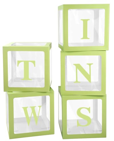 Twins Baby Shower Decorations Green Baby Boxes with Letters 5pcs Green Baby Shower Clear Balloon Boxes with 5pcs Letters for Twins Balloon Boxes Gender Reveal Birthday Party Favors