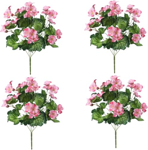 Konstgjorda blommor 4 st 14 tum till 7 grenar konstgjorda pelargoner utomhus blekbeständiga sidenblommor för bröllopsdekorationer