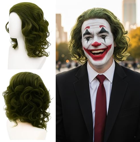 Joker Perücke Herren, Grüne Perücke für Joker Kostüm Herren, Grüne Clown Locken Perücken Männer, Kurze Wellige Green Wig für Cosplay Halloween Karneval Kostümkostüm Party
