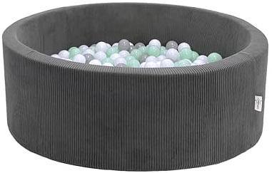 LittleStar® Bällebad mit 250 BPA-freien Bällen für Babys & Kleinkinder ab 10 Monaten | Geprüfte Sicherheit | Waschbar & Rutschfester Boden | Grauer Cord, 90 x 30 cm, rund | Bälle: Mint-grau-weiß