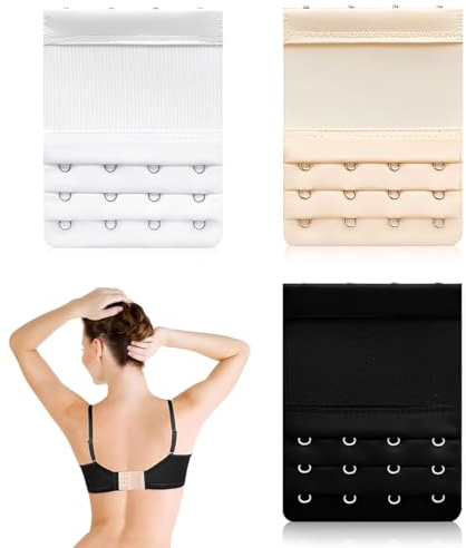 ZZHBOO 3er-Pack BH-Verlängerung, Schwarz-Weiß-Nude, 4-reihiger, elastischer 3-Haken-Rückenverschluss, bequeme BH-Trägerverlängerungen für Frauen