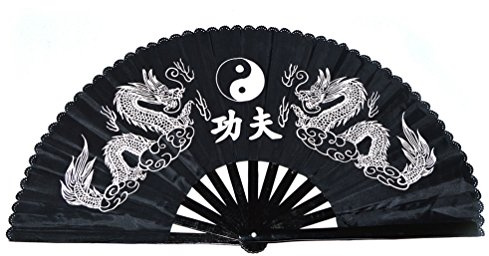 Ventaglio a mano pieghevole in bamboo e seta, disegno doppio dragone, stile cinese, per Kung Fu, Tai Chi, Fan Arts Dance;