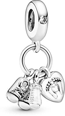 Pandora Icons Charm pendant Biberon, Chaussures Bébé et Cœur en argent avec zircones cubiques transparentes et émail blanc