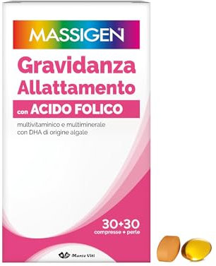 Massigen DailyVit+ - Multivitaminico, Gravidanza e Allattamento, Senza Glutine, In grado di Favorire lo Sviluppo fisiologico Cerebrale e degli Occhi del Feto, 30 Compresse da 11 g + 30 Perle da 700 mg