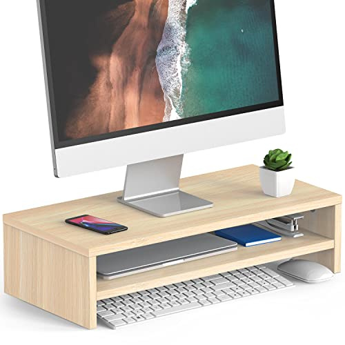 FITUEYES Monitorständer mit 2 Ebenen, 54 x 25,5 cm, Großer Computer-Laptop-Ständer mit Stauraum für Tastaturen, Schreibtisch-Organizer für Heim- und Bürobedarf, Eiche