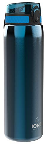 ION8 1 Liter Leicht Edelstahl Trinkflasche, Nicht IsoliertAuslaufsicher, Einhandöffnung, Sichere Verriegelung, Spülmaschinenfest, Klappdeckel, Tragegriff, Leicht zu Reinigen, Blau