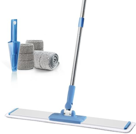 CQT Commercial Flat Microfiber Floor Mop Cleaning System 24 Inch Wet Dry and Dust Hardwood with 4 Washable Pads Cleaner for Laminate Tile Stainless Steel Handle and Extension (Blue)