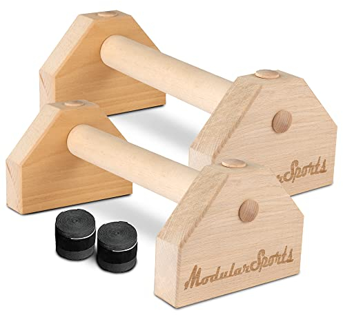 Modular Sports Liegestützgriffe aus Holz 2er Set/Parallettes mit Anti-Rutsch-Bändern/Yoga, Liegestütz oder Handstand Griffe/Liegestütze Griff für Indoor- & Outdoortraining