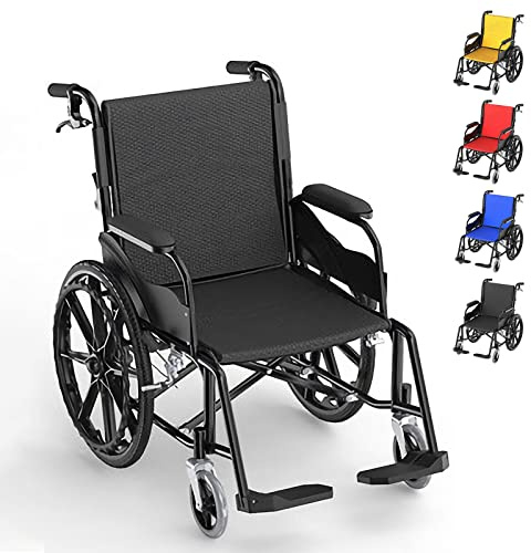 Bueuwe Ultraleicht Rollstuhl Faltbar Leicht Reiserollstuhl, Schmaler Rollstuhl für Wohnung, Rollstühle mit Selbstantrieb, Trommelbremse, Sitzbreite 44.5 cm, Leichtgewicht,Schwarz