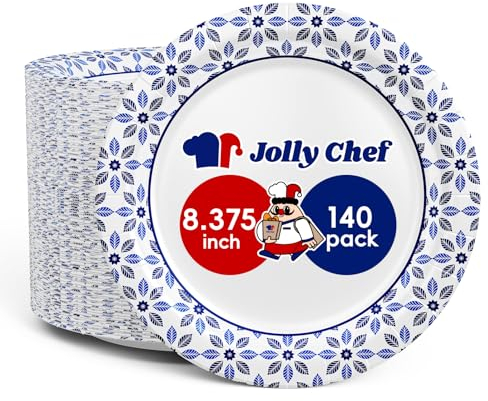 JOLLY CHEF 8.37 inch Disposable Paper Plates 140 Count Soak Proof, Cut Proof, Heavy Duty Printed Disposable Plate for Everyday Use