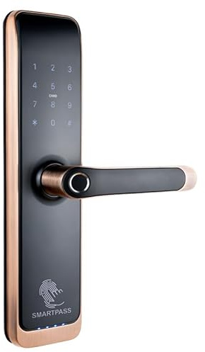 SMARTPASS Türschloss Elektronisches Türriegelschloss mit Fingerabdruck, Telefon, Code, Karte, Schlüssel, App-Kontrolle, Bluetooth, Wi-Fi, Modell Tokyo (Kupfer)