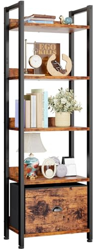 Furologee 5 Tier Bookshelf with Drawer, Tall Narrow Bookcase with Shelves, Wood and Metal Bookshelves Storage Organizer, Industrial Display Standing Shelf Unit for Bedroom, Living Room, Rustic Brown