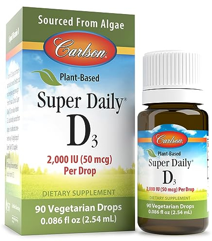Carlson - Plant-Based Super Daily D3 2000 IU (50 mcg) per Drop, Vegetarian Vitamin D Drops, Liquid Vitamin D3, Sourced from Algae, Unflavored, 90 Drops (2.54 mL)