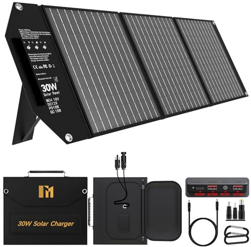 Mesuvida 30W Portable Solar Panel Charger with 5 Ports, 18V MC4 Higher Output/18V DC/QC 3.0 USB-A & USB-C(PD 18W) Foldable Solar Panel with Kickstands for Tablet Powerbank Camping