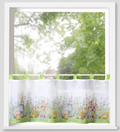 Hans-Textil-Shop Scheibengardine 45x120 cm Osterhase – Fenster Deko Ostern Frühling, buntes Motiv Hase Eier Blumen Wiese, Polyester, Schlaufenaufhängung, waschbar bis 30 °C