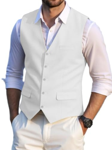 Chaleco de lino de verano para hombre, corte regular, traje clásico, vestido para bodas y fiestas (blanco, M), Blanco, M