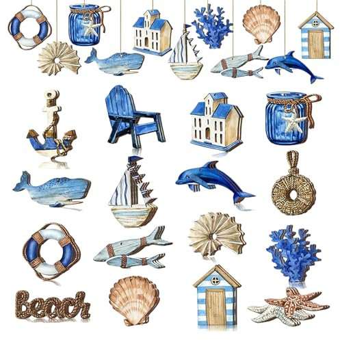 Set di Decorazioni Nautiche in Legno – 22 Pezzi, Stile Retro, con Accessori Nautici come Ancora, Stella Marina, Barche, Gusci, e Coralli, con Cordino per Facile Applicazione