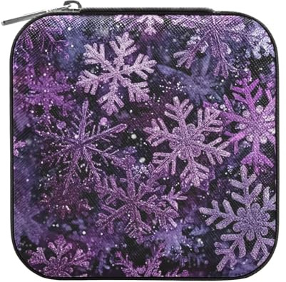 OWFKAY Schmuckkästchen für Damen, PU-Leder, Schmuckhalter, kleiner Schmuck-Organizer für Mädchen, Ehefrau, Mutter, lila Schneeflocke