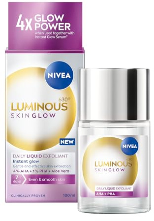 NIVEA Luminous 630 Instant Skin Glow Daily Liquid Exfoliant 100ml, Peeling Face Exfoliator with 4% AHA & 1% PHA, Face Exfoliating Hyperpigmentation Treatment, No Rinse Needed