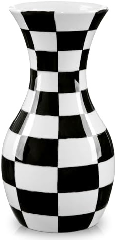 Hollyone Schwarz und Weiß Blumenvase, 27CM Keramikvase mit Breiter Öffnung und Blockmuster, Große Retro Chinoiserie Vase Deko, Vintage Vase für Blumen Tisch Centerpiece Wohnzimmer Dekoration