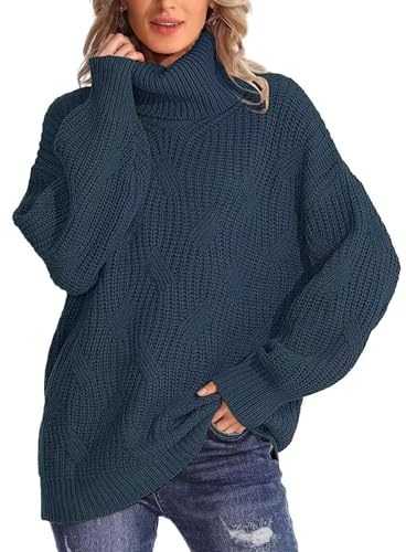 Rayson Pulls Femmes Automne Hiver Col Roulé Pullover Tricoté Manches Longues Chaud Casual Pull Large en Maille Côtelé Elégant（Bleu Saphir,XL