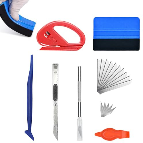 CLDURHGE 8-Piece Adhesive Film Spatula, Set of Tools, Application, Car and Home, 3 Precision Cutters, Scrapers, Felt for Films, Aluminium PVC Vinyl Blue, Red, Multipurpose