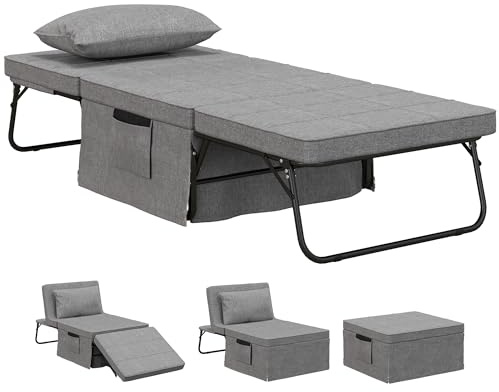 HOMCOM Sofá Cama de 1 Plaza 4 en 1, Sillón Cama Plegable, Otomana, Tapizado en Lino, con Respaldo Ajustable de 5 Niveles, Almohada Acolchada, para Oficina, Dormitorio, Salón, 75x80x74 cm, Gris
