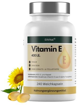 EXVital Vitamina E 400 UI, 240 cápsulas blandas veganas, con D-alfa-tocoferol, vitamina E procedente de girasol, altamente dosificada y probada en laboratorio