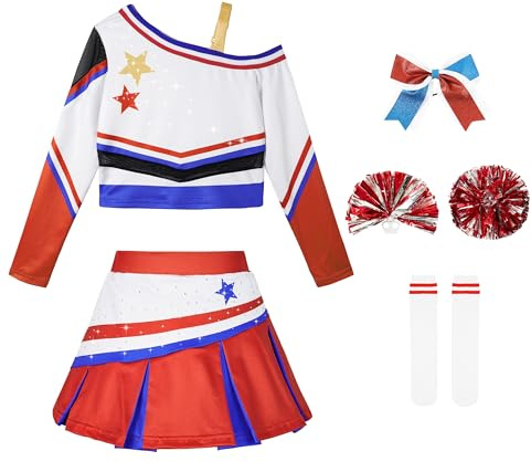 LOLANTA Costume da cheerleader scintillante per bambine con pompon, fiocco per capelli e calzini, travestimento, rosso, 12-13 anni, 160