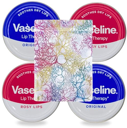 Lip Balm Gift Set Bundle with Vaseline Lip Balm - 2x Rosy Lips and 2x Original in Glameno Drawstring Organza Bag