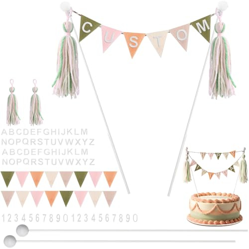 Breling 94 Pcs Personalized Felt Triangle Bunting Cake Banner Set, DIY Handmade Flag Banner Plastic Stick Alphabet Number for Birthday Wedding Decoration Anniversary Party Supplies (Boho Color)
