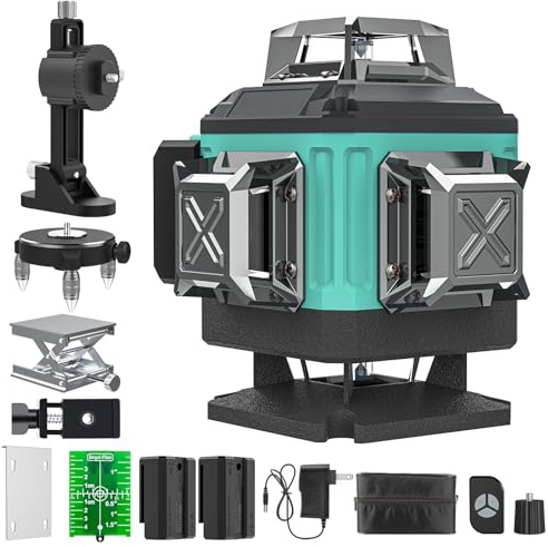 Nivel Laser Autonivelante 360 Grados, Nivel Láser Verde 16 Líneas, 2 x 360 Horizontal y 2 x 360 Verticales, 2 x Batería, Montaje en Pared, Control Remoto, Base Magnética, Soporte Giratorio