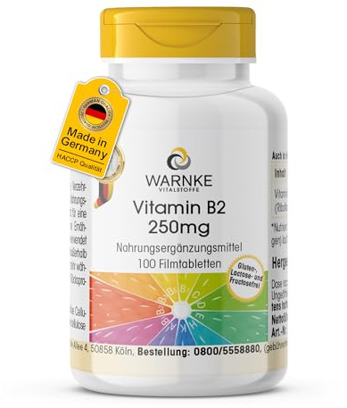 Vitamine B2 250mg - 100 comprimés - 250mg de vitamine B2 par comprimé - Riboflavine - HAUTEMENT DOSÉ - Qualité pharmaceutique allemande - Vegan | Warnke Vitalstoffe