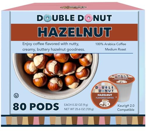 Double Donut Coffee Flavored Coffee Pods, Caffeinated Hazelnut Coffee Pods for Keurig K Cups Machines, Medium Roast, 80 Count (Pack of 1)