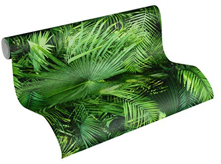A.S. Création Neue Bude 2.0 Vliestapete mit Palmenblättern 0,53 x 10,05 m – Grün, Dunkelgrün – Dschungel Tapete Made in Germany – 362001
