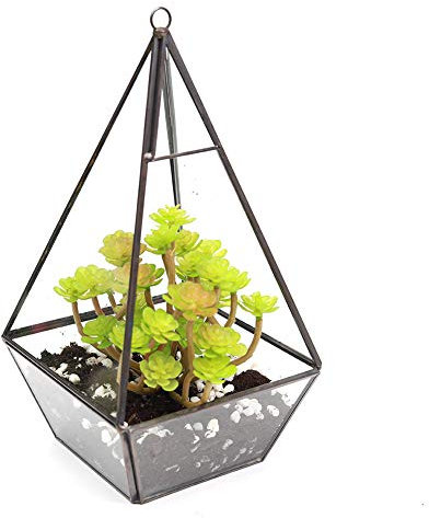 Maceta de cristal para colgar en la pared, diseño de pirámide geométrico (12 x 12 x 25 cm), color negro, negro