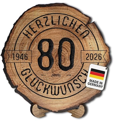 DARO Design – Baumscheibe mit Gravur für 80. Geburtstag – Geburtstags Geschenk aus Holz – Hochwertige Holz Geschenke mit Gravur ideal für Geburtstag – Dicke 6mm, Durchmesser 20cm – Made in Germany