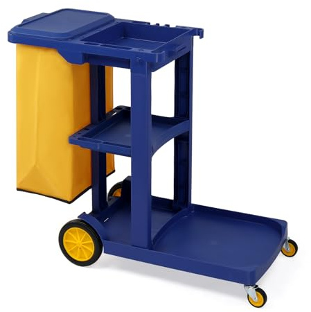 TUFFIOM Commercial Traditional Cleaning 3-Shelf Janitorial Cart, 500 Lbs Capacity Housekeeping Cart, Wheeled with Yellow VinylBag and Cover w Lid, Blue