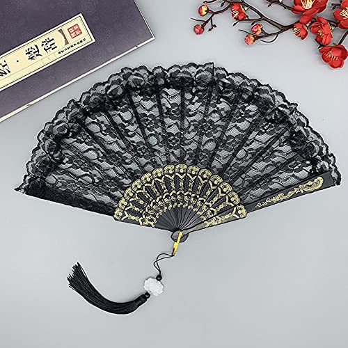 Handfächer Spitze,Fächer Hochzeit,Vintage FaltbHandfächer Spanische Viktorianischen Faltfächer für Abkühlung im Sommer,Hochzeiten,Geburttag,Party,Halloween Karneval,Fasching,Tanzen Hand Fan,Schwarz