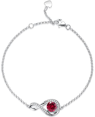 Gemlanto 925 sterling silver armband Oändlighet Skapade Ruby Juli Födelsesten Länkarmband för kvinnor Dotter Danity Födelsedagsjubileum Smyckespresenter till sin mamma, justerbar kedja 17+1,5+1,5 cm