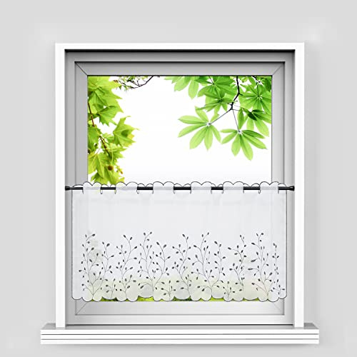 HeichkelL Transparente Scheibengardine Büsche Stickerei Bistrogardine Landhausstil Voile Küchenfenster Gardine Bestickter Kurzvorhang Stangenlöcher Grau HxB 45x90 cm