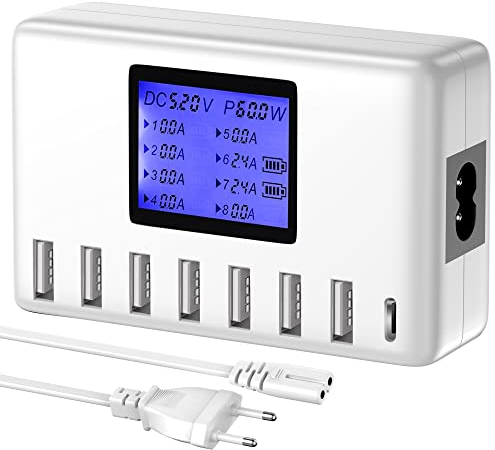 Stazione di ricarica USB 60W 8 porte Hub di ricarica USB 12A Stazione di ricarica USB con display LCD per più dispositivi, Caricabatterie intelligente da tavolo con hub USB C per iPhone