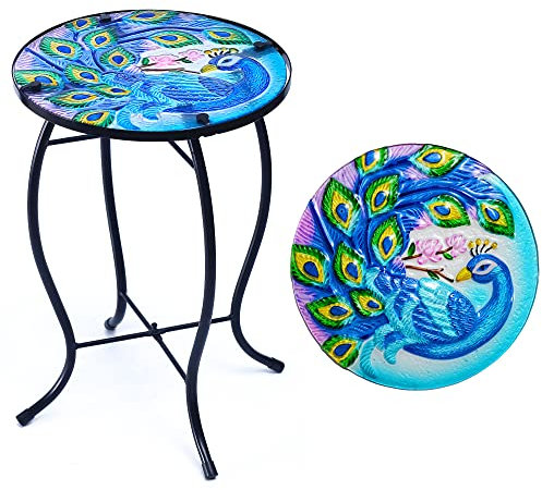 NewVees Pfau Terrassen-Beistelltisch, Metall-Glas-Beistelltisch für Veranda, Garten, Hof, Pool. 25,4 x 38,1 cm, Schwarz, Modern, Tier-Design, Tragbar, Outdoor