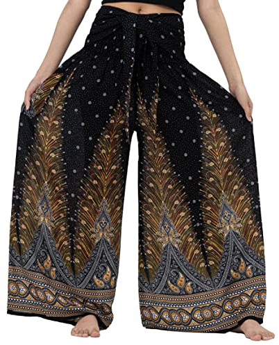 B BANGKOK PANTS Women's Boho Palazzo Pants (Black Peacock, One Size)