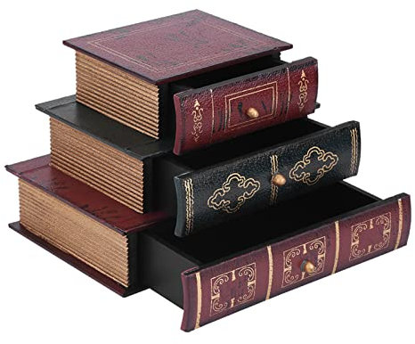 Scatola di Immagazzinaggio dei Gioielli Creativo Retro,Organizer Scrivania Forma Libri,Mobili Cassettiera da Tavolo con 3 Cassetti per Gioielli 21 x 15 x 14.5 cm
