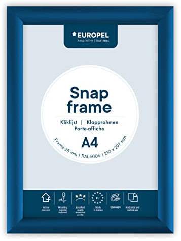 EUROPEL lightweight Snap frame A4, Blue, Profile 25x11 mm, Anodized aluminum, anti-reflective protector, External dimensions 241x328 mm, Grey polystyrene back