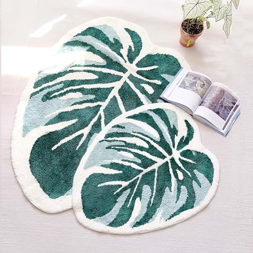 THRILRUG 110×144cm Badezimmerteppich Grün groß,badvorleger Monstera Blattfläche getuftete Teppiche,rutschfeste Badematte Kinder,waschbar,für Kinder,Pflanzenblätter,Bodenmatte für Schlafzimmer