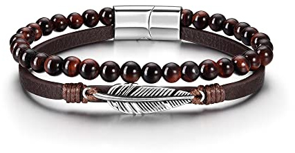PiercingJak Herren Armband Männer Tigerauge Perlen Lederarmband geflochten Braun Echtleder mit Edelstahl Feder Blatt Armreif Mode Charm Schmuck, 22cm